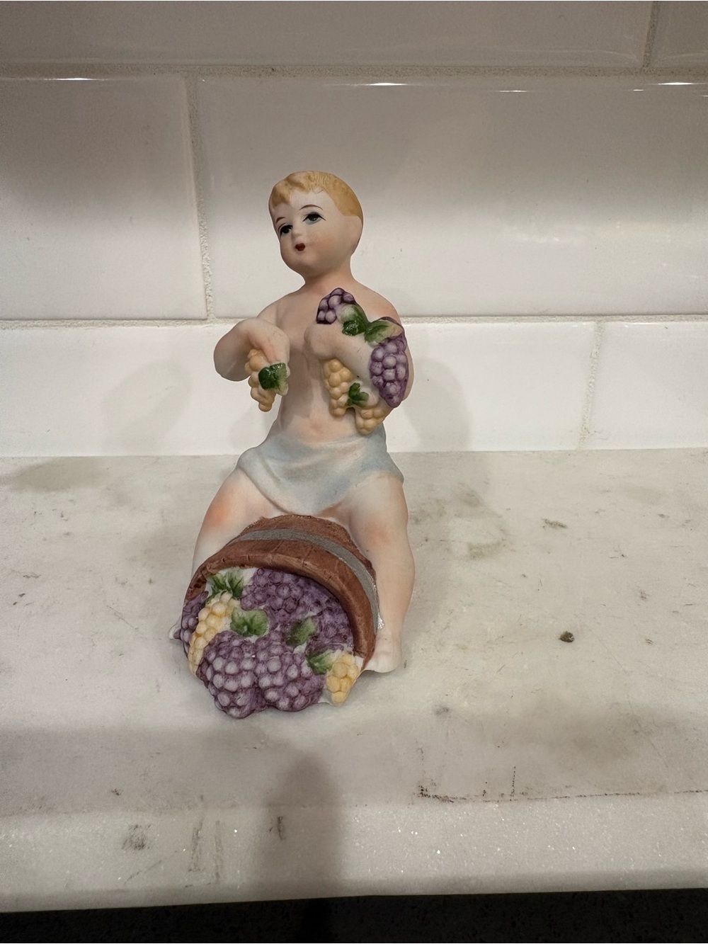 Porcelain Grape Boy Figurine - White and Purple Home Art